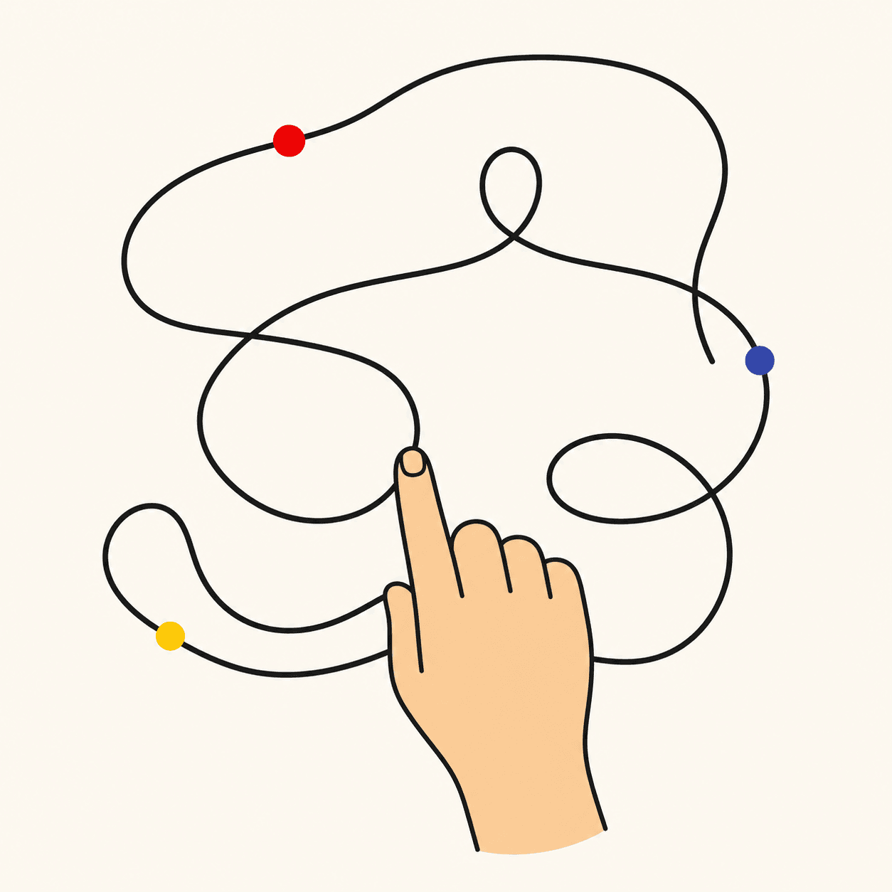 A hand drawing a looping line with its fingertip, with colored event dots along the line